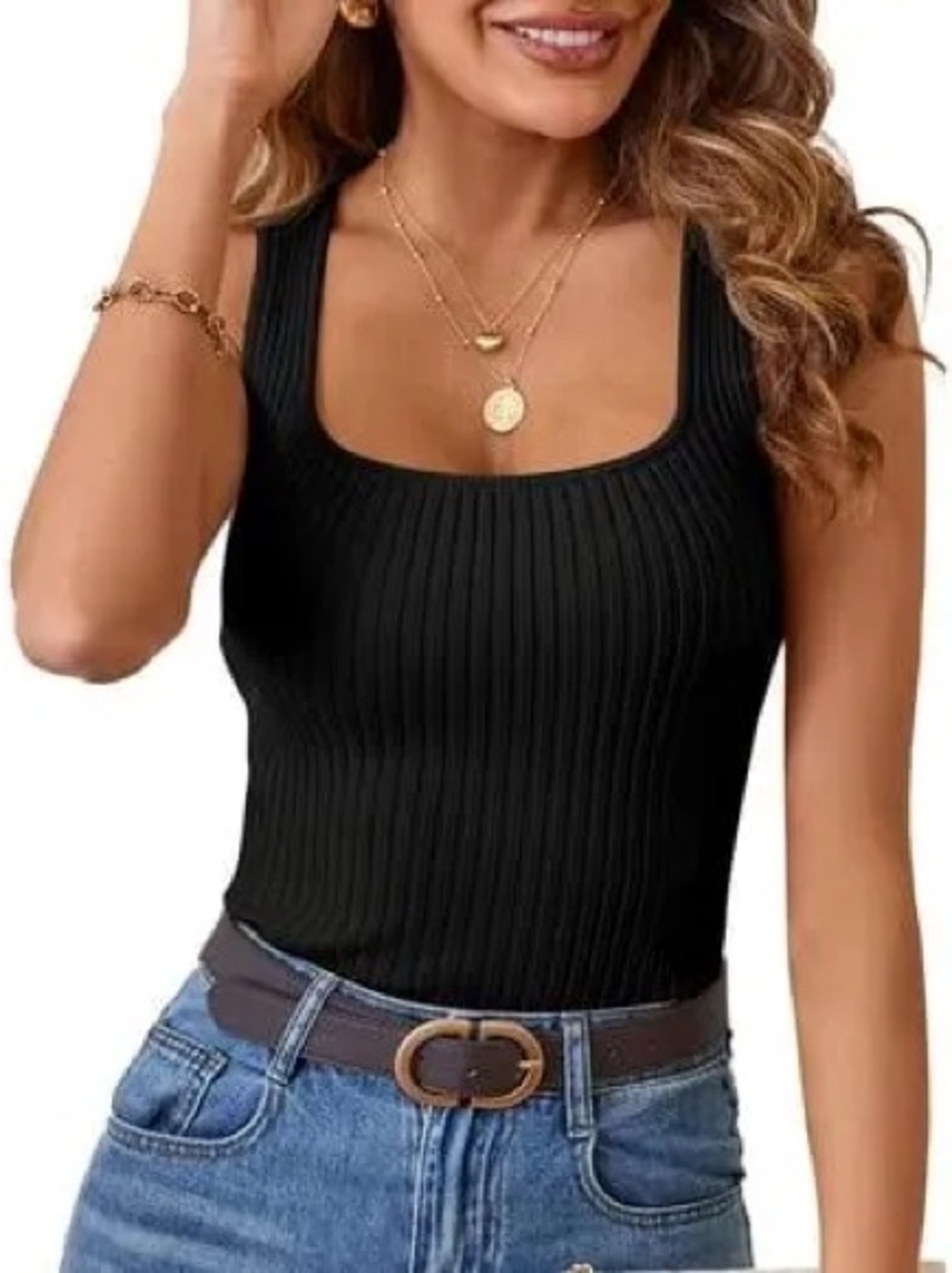 Merokeety Black Ribbed Square‎ Neck Tank Top Small Stretch Knit